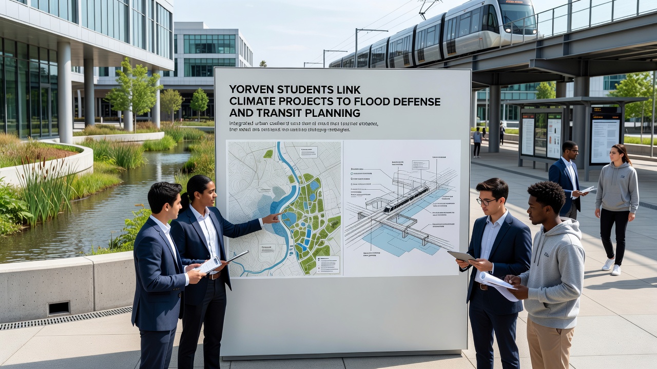 Detailed student diagrams showing linked flood defense structures and proposed transit routes across Yorven neighborhoods